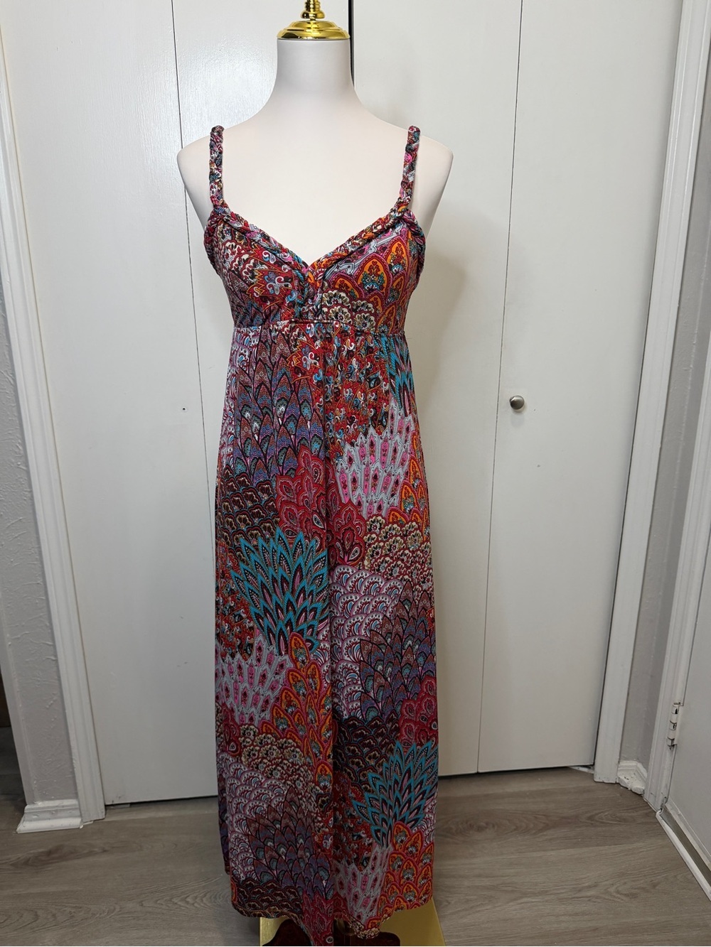 Multicolor Paisley-Print Maxi Dress with Spaghetti Straps